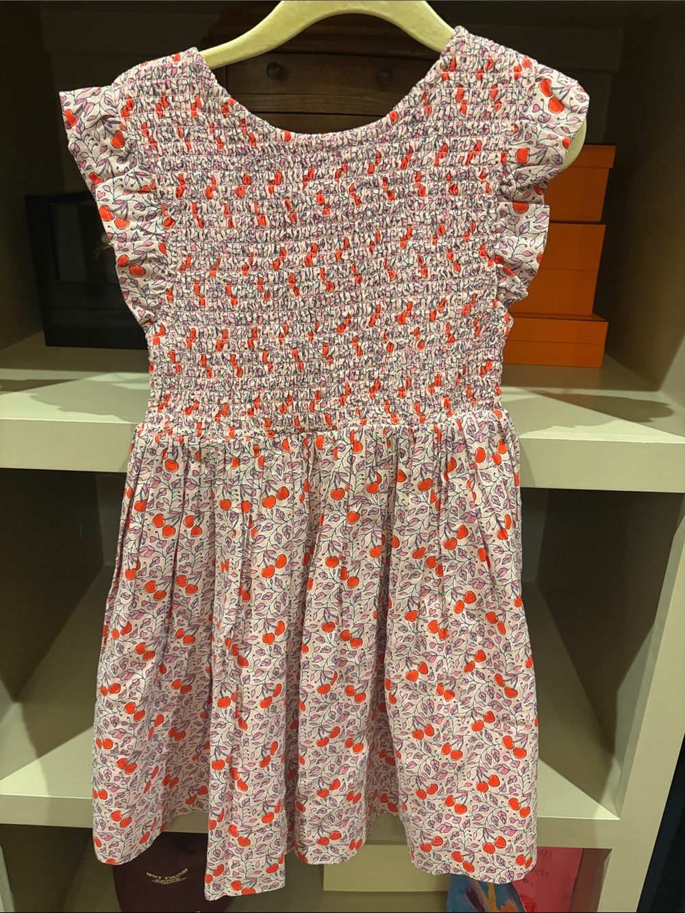 Mini Boden Girls' Pink Cherry Smocked Dress with Bow Back